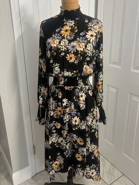 Nanette Lepore Black Floral Long-Sleeve Midi Dress with Yellow & Blue Blooms